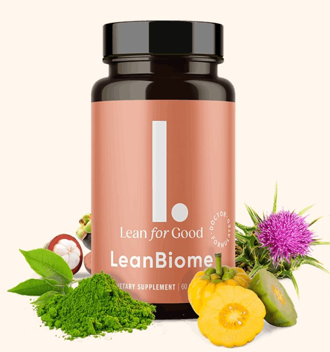 LeanBiome (Biome by Lean for Good) supplement bottle surrounded by its key ingredients: matcha, mangosteen, milk thistle, and garcinia
